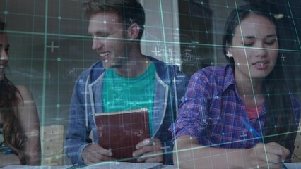 Poster - Animation of grid network against diverse group of students studying and discussing at college