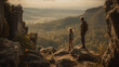 Father and son stand on the edge of cliff and look at beautiful landscape.  ai generated artwork