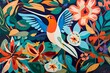 Mixed media artwork featuring a hummingbird and flowers, bold and vibrant colors, dynamic shapes and textures, organic and geometric forms, abstract and expressive style. generative AI