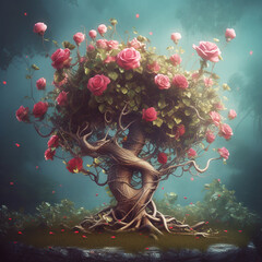 Wall Mural - Generative AI: fantasy tree and with gardens and path