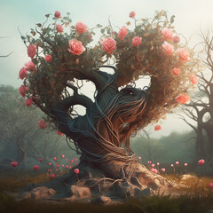 Wall Mural - Generative AI: fantasy tree and with gardens and path