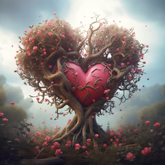 Wall Mural - Generative AI: fantasy tree and with gardens and path