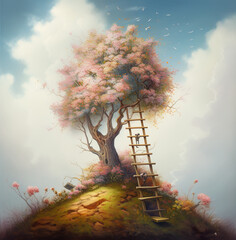 Wall Mural - Generative AI: fantasy tree and with gardens and path