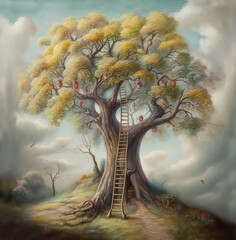 Wall Mural - Generative AI: fantasy tree and with gardens and path