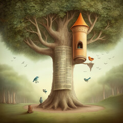 Wall Mural - Generative AI: tree and house with gardens and path