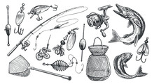 Equipment For Fishing Set. Fishing Rod, Floats And Other Devices For Sport Fishing. Sketch Vector Illustration