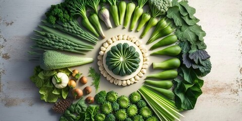 Poster - Display of green veggies in a circular pattern on a white board. Generative AI