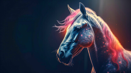 Imaginary unicorn on the dark background, copy space. Generative AI