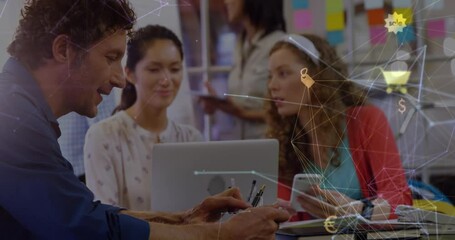 Poster - Animation of network of connections with icons over diverse business people having meeting at office