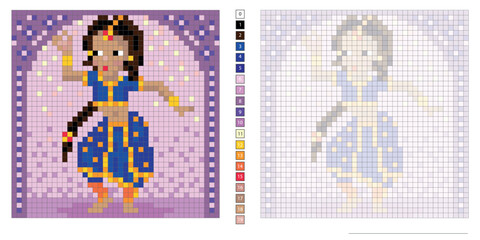 Wall Mural - vector pixel illustration, dancing indian girl, coloring book, embroidery design, mosaic, creative development of motor skills and imagination