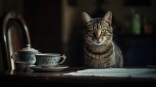 A Cat Sitting On A Table Next To A Tea Cup Created With Generative AI Technology