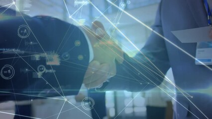 Poster - Animation of network of connections over mid section of two businessmen shaking hands at office