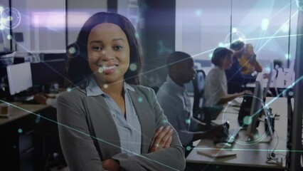 Poster - Animation of network of connections against african american businesswoman smiling at office