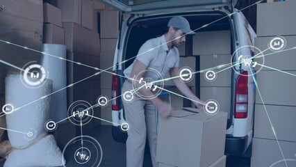 Poster - Animation of network of digital icons over caucasian delivery man stacking boxes in his delivery van