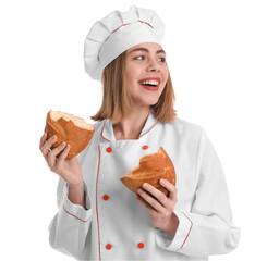 Poster - Female baker with fresh bread on white background