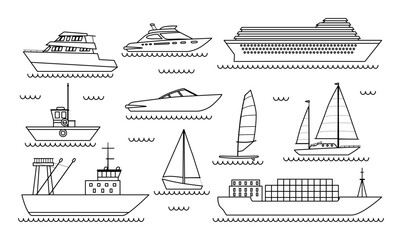 Line ships in sea. Transportation of goods and logistics, sea travel. Boat and vessel. Minimalist creativity and art. Shipping and inport or export of containers. Cartoon flat vector illustration