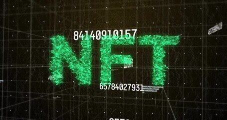 Poster - Animation of multiple changing numbers and nft text banner over grid network on black background