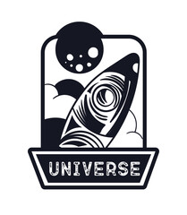 Wall Mural - space label black and white. galaxy and universe. rocket and space object near planet. cosmic travel
