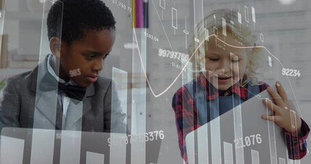 Wall Mural - Animation of financial data processing over diverse children using laptops at office