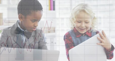 Poster - Animation of financial data processing over diverse children using laptops at office