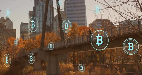Poster - Animation of multiple bitcoin icons floating against view of city bridge