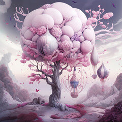 Wall Mural - Generative AI: pink hot air balloon with flowers and fantasy landscape