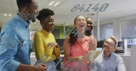 Poster - Animation of changing numbers against diverse colleagues laughing together at office