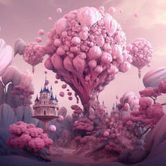 Wall Mural - Generative AI: pink hot air balloon with flowers and fantasy landscape