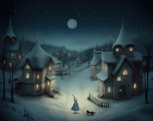 Wall Mural - Generative AI: a fantasy village in winter,