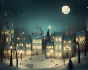 Wall Mural - Generative AI: a fantasy village in winter,