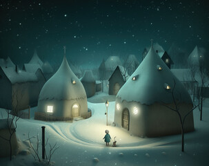 Wall Mural - Generative AI: a fantasy village in winter,