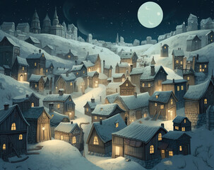 Wall Mural - Generative AI: a fantasy village in winter,