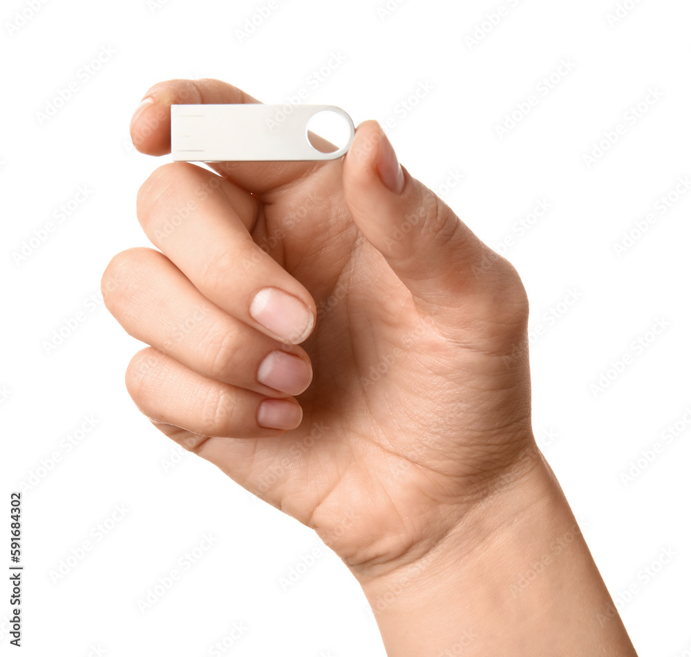 Woman holding metallic USB flash drive isolated on white background