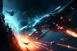 Extraterrestrial war. Battle of soldiers and extraterrestrials. galactic battle. Sci-fi fiction scene illustration artwork design. Spaceship fleet. Space fighters. Generative AI