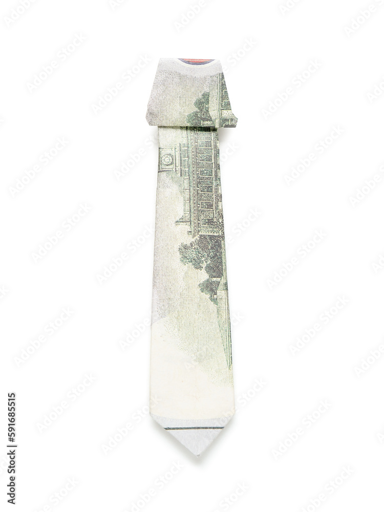 Origami necktie made of dollar banknote on white background