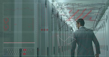 Poster - Animation of data processing over caucasian businessman in server room