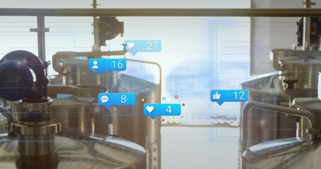 Poster - Animation of social media icons with numbers and data processing over factory