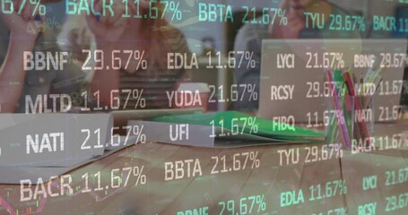 Poster - Animation of financial data processing over diverse business people having meeting at office