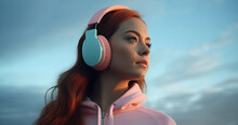 A Young Caucasian Red Hair Woman Wearing Oversize Pink Hoody Looking Far Away While Listening Headphones Standing With Clear Blue Sky Background, Low Angle Shooting, Generative Ai