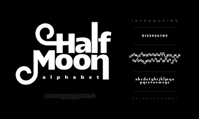 Halfmoon abstract digital technology logo font alphabet. Minimal modern urban fonts for logo, brand etc. Typography typeface uppercase lowercase and number. vector illustration
