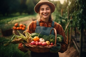 Harvesting, female farmer holds a basket against the background of a farm. AI generated, human enhanced.