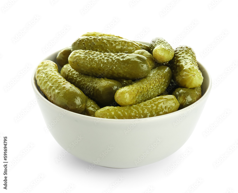 Bowl with tasty fermented cucumbers on white background