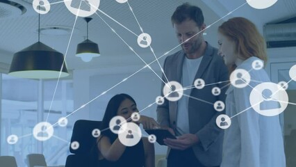 Poster - Animation of network of connections with icons over diverse business people using tablet at office
