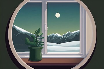 Wall Mural - window overlooking a majestic snow-covered mountain. Generative AI