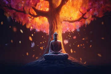 Wall Mural -  Buddha's enlightenment under the Bodhi tree, generative AI