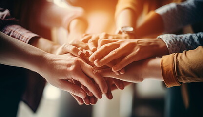 People group join hands together as teamwork symbolism