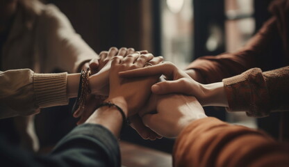 people group join hands together as teamwork symbolism