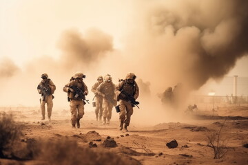 Wall Mural -  soldiers crosses warzone with fire and smoke in the desert, military special forces, tank 
