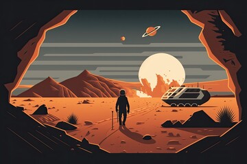 Wall Mural - man in awe staring at a futuristic spaceship inside a dark cave. Generative AI