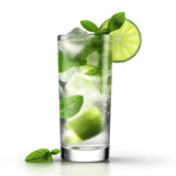 Fototapeta Las - Mojito, caipirinha alcoholic cocktail with ice, lime and mint isolated on white background